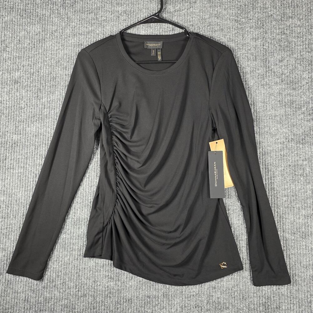 NWT Donna Karan New York Black Ruched Asymmetrical Long Sleeve Top Size S